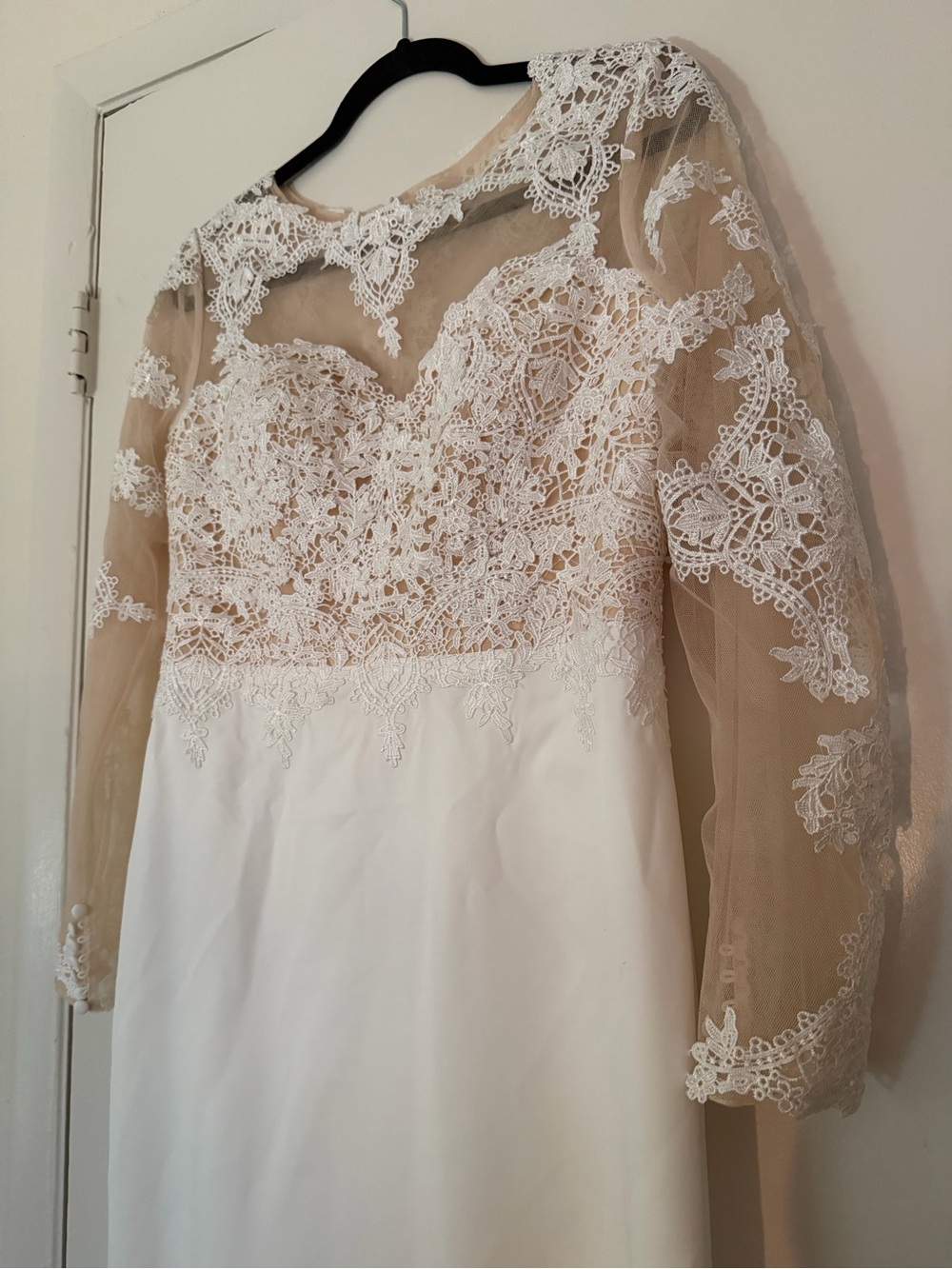 JJs House Ivory Dress with Nude Illusion Lace Sleeves